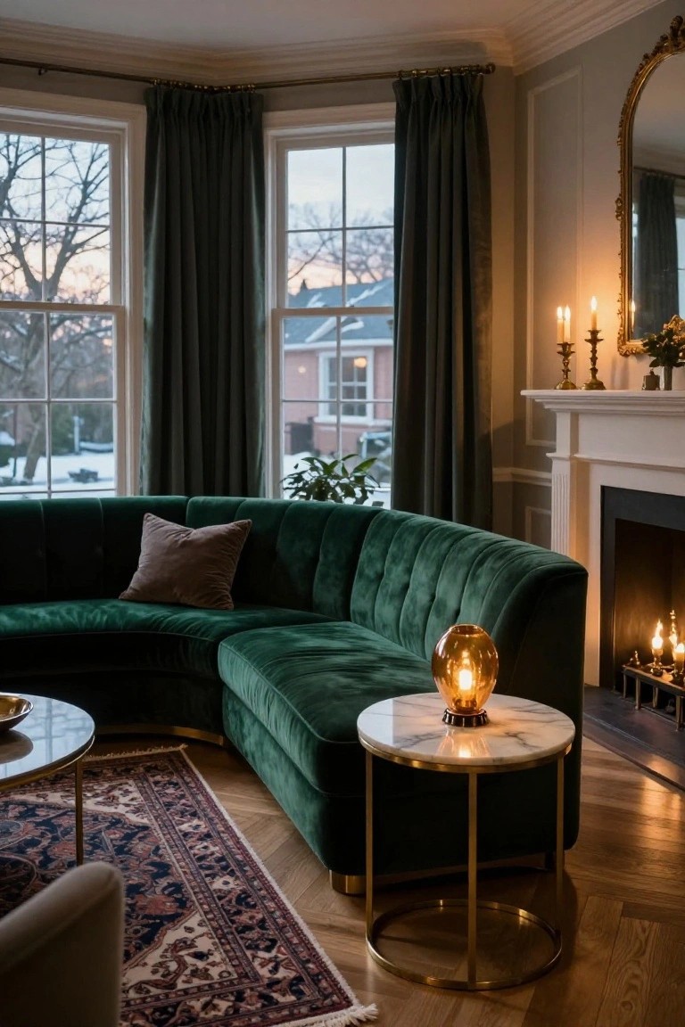 Curved green velvet L-shaped sofa in a living room corner next to a white fireplace, with large windows draped in green curtains, marble side table with amber glass lamp, and candelabras on the mantel.