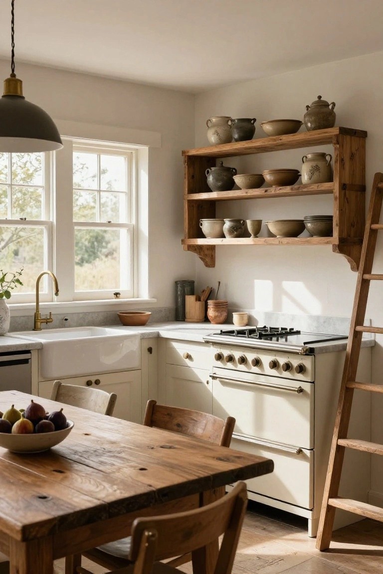 Cozy kitchen interior with cream cabinets, white farmhouse sink, gas range oven, wooden dining table holding a bowl of figs, and tall wooden open shelving unit with sliding ladder stocked with assorted pottery next to a window.