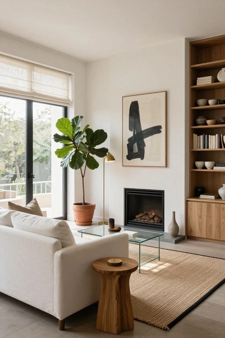 Modern living room with white sofa, glass coffee table, wood stool, large potted fiddle leaf fig plant beside floor-to-ceiling windows with sheer shades, oak bookshelves filled with books and ceramics, gas fireplace, and abstract wall art on white walls with light gray floor.