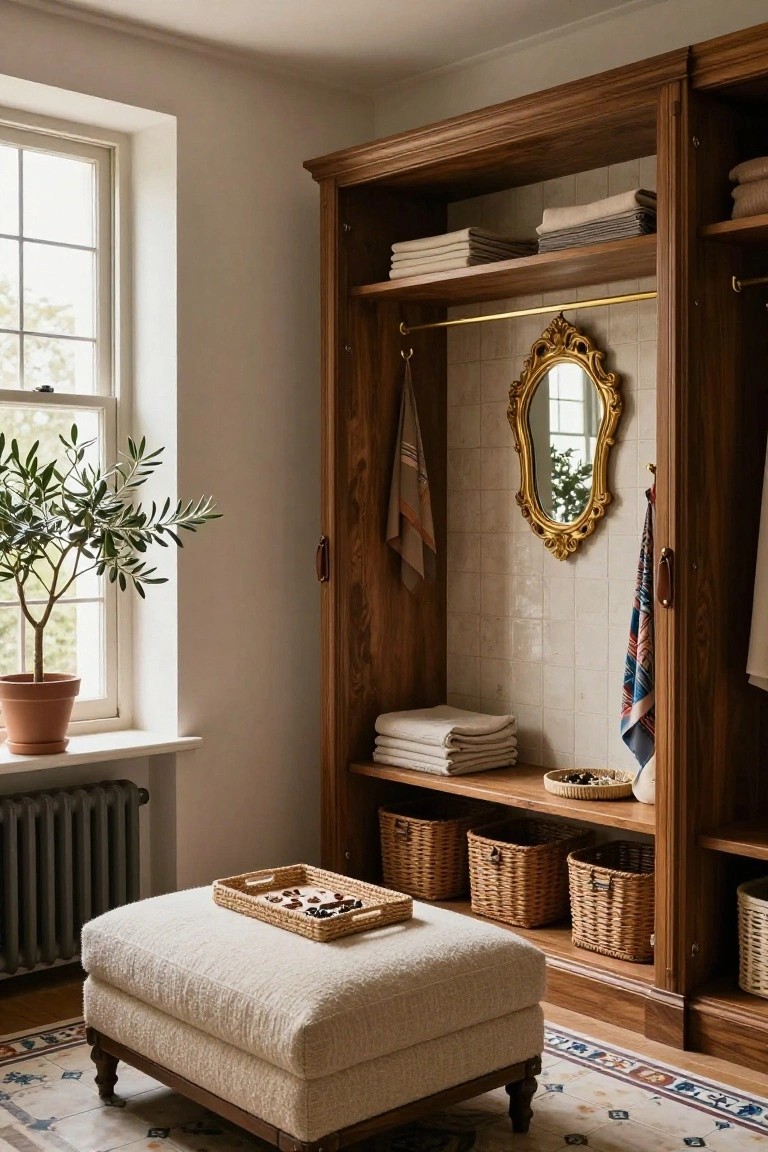 Open dark wood wardrobe cabinet with shelves of folded white linens, hanging towels, ornate gold-framed mirror on tiled wall, wicker baskets, jewelry tray on low white ottoman, olive plant in terracotta pot by window, and radiator in beige room with patterned rug.