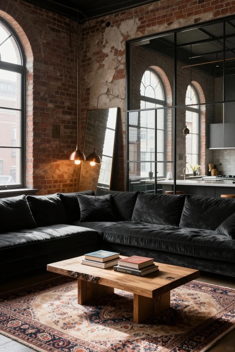 Industrial loft living room with exposed red brick walls, arched black metal-framed windows, large L-shaped black velvet sofa, low live-edge wooden coffee table with stacked books, Persian-style rug, pendant lights, mirror, and kitchen visible through glass partitions.