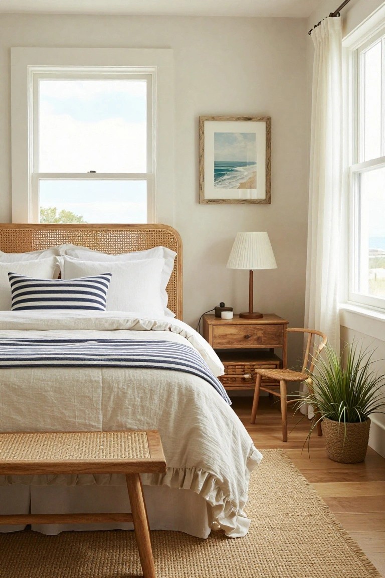 Bedroom with rattan headboard bed covered in white linens and navy striped blanket, wooden nightstand with lamp, wicker chair and potted plant nearby, seascape artwork on wall, and large curtained windows.