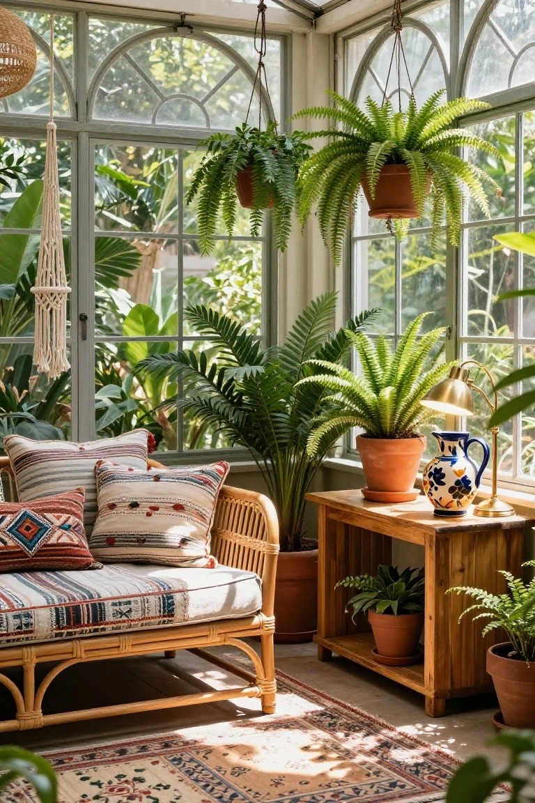 Sunroom with arched green-framed windows filled with hanging and potted ferns, rattan sofa topped with multicolored cushions, wooden side table holding a blue and white vase and lamp, macrame hangers, and a patterned rug on the floor.