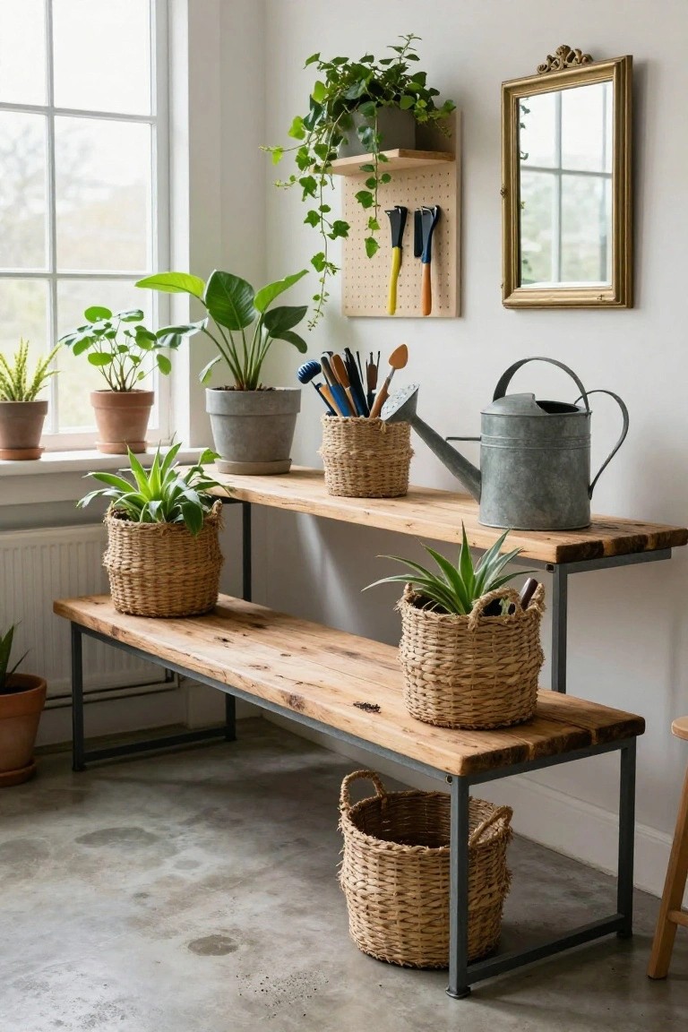 Indoor room corner featuring a rustic wooden tiered bench on black metal legs holding plants in woven baskets, with additional potted plants, gardening tools, and a metal watering can nearby a window.