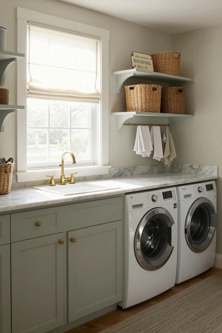 Laundry room interior with sage green lower cabinets, white marble countertop and utility sink with brass faucet, white washer and dryer side by side, open wall shelves holding wicker baskets, hanging linens on a gold rod, and a window with linen roman shade.