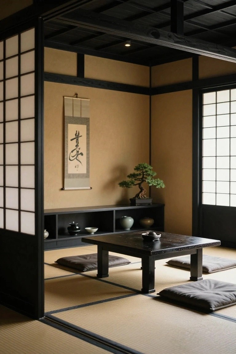 Traditional Japanese room featuring tatami mats, a low table, bonsai, and calligraphy scroll.