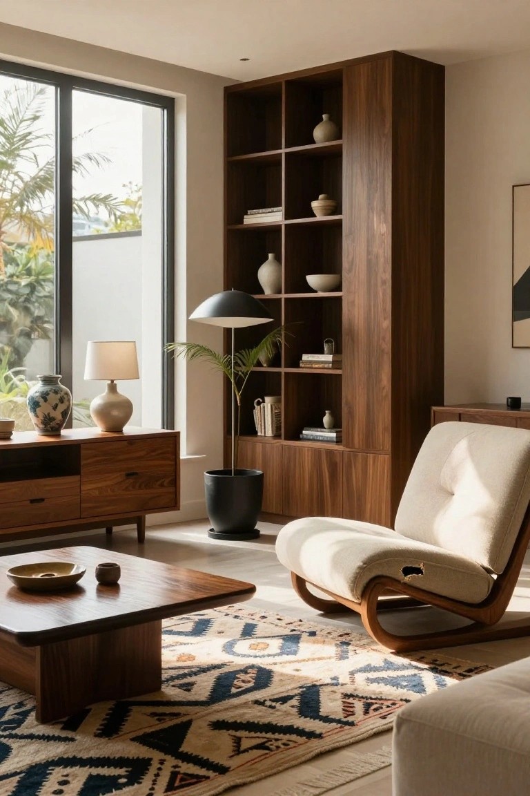 Sunlit living room with tall wooden shelving units displaying ceramics, books, and plants, wooden media console and coffee table, cream sculptural armchair, patterned rug, and large window with greenery outside.