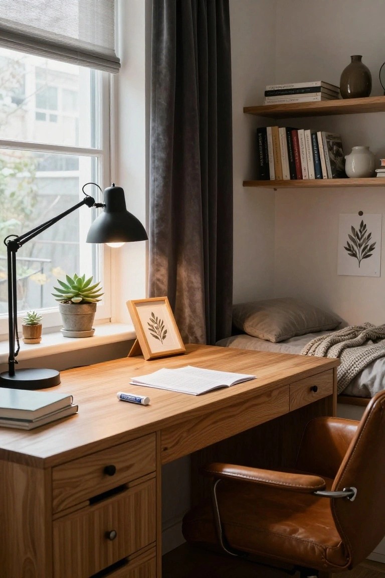 Wooden desk with open notebook, stacked books, lip balm tube, and adjustable black desk lamp in a cozy room with bookshelves, potted succulents on windowsill, gray curtains, and bed in background.