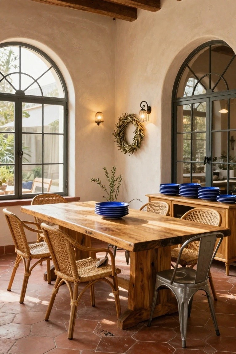 Sunlit interior dining area with rectangular live-edge wooden table holding stacked blue plates, surrounded by rattan and metal chairs, on terracotta tile floor, beige stucco walls, arched green-frame windows showing garden outside, olive wreath on wall, and wooden sideboard with more plates.