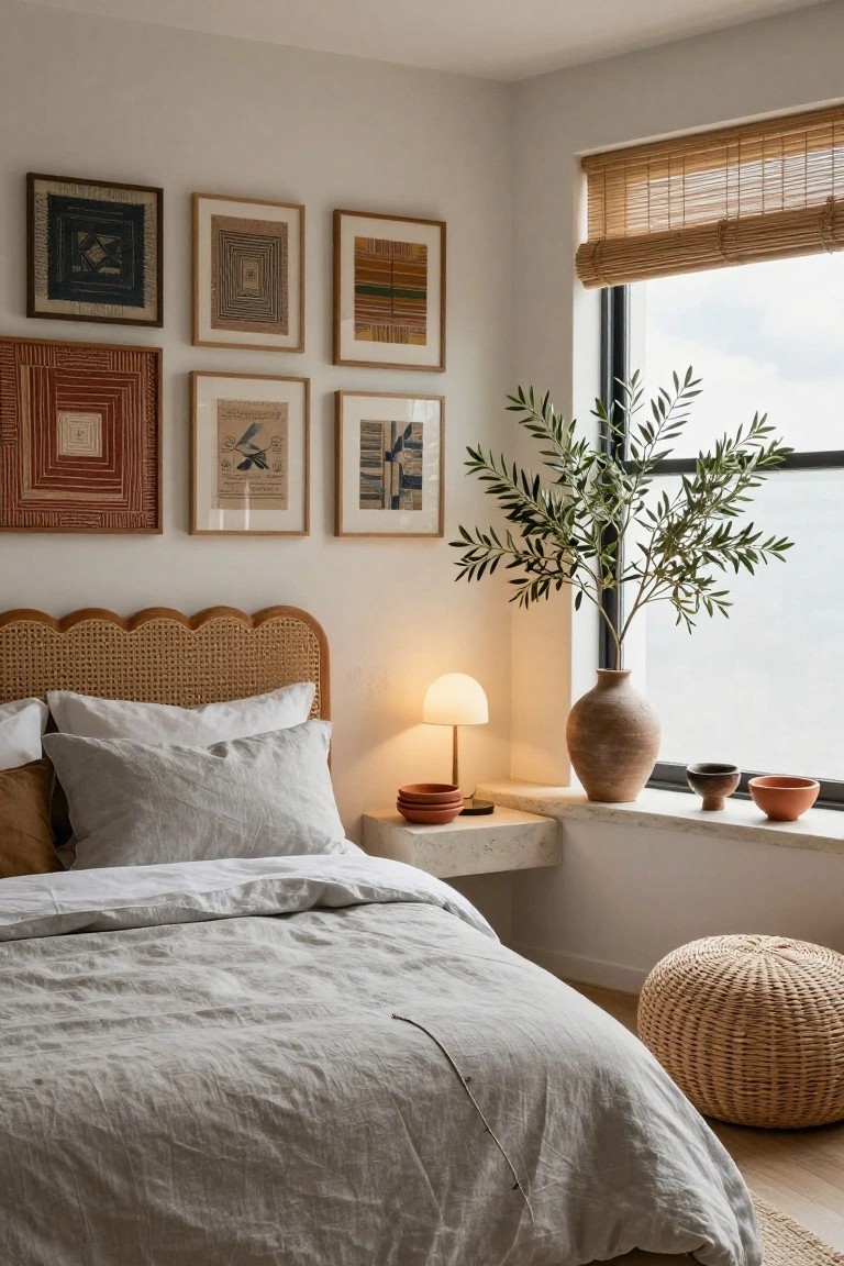 Bedroom corner with white walls, beige scalloped rattan headboard, light gray linen bedding and pillows, grid of six framed abstract and geometric artworks above the bed, bamboo window blinds, tall potted olive tree on windowsill with ceramic pots, wicker pouf nearby.