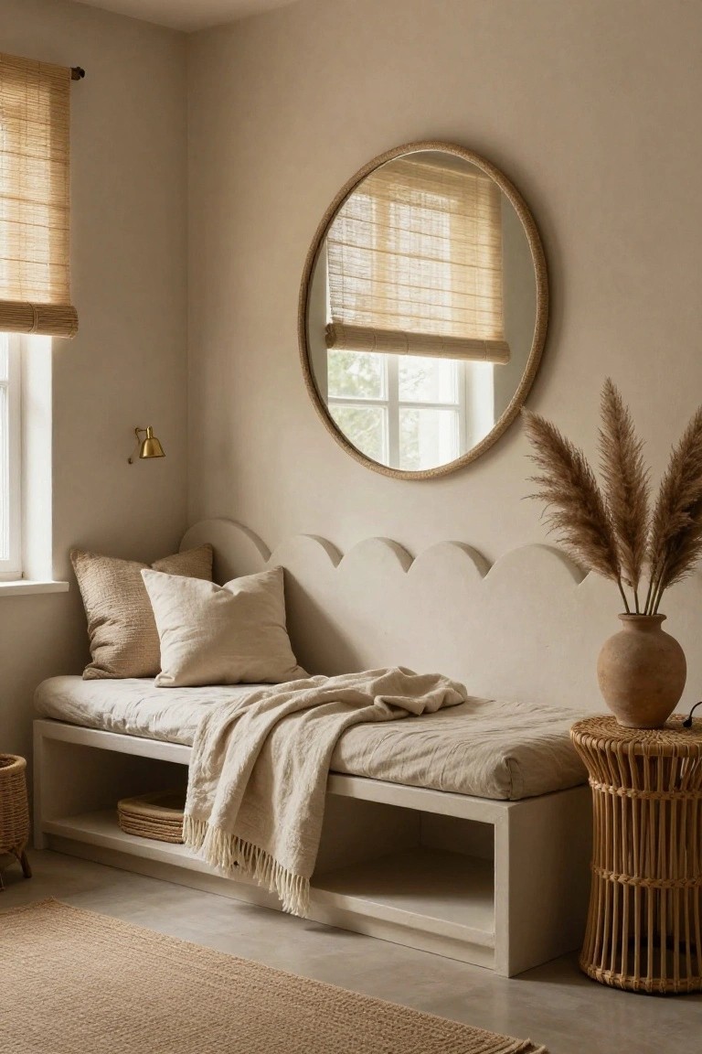 Cozy beige bedroom featuring a bed, round mirror, pampas grass, and woven decor.