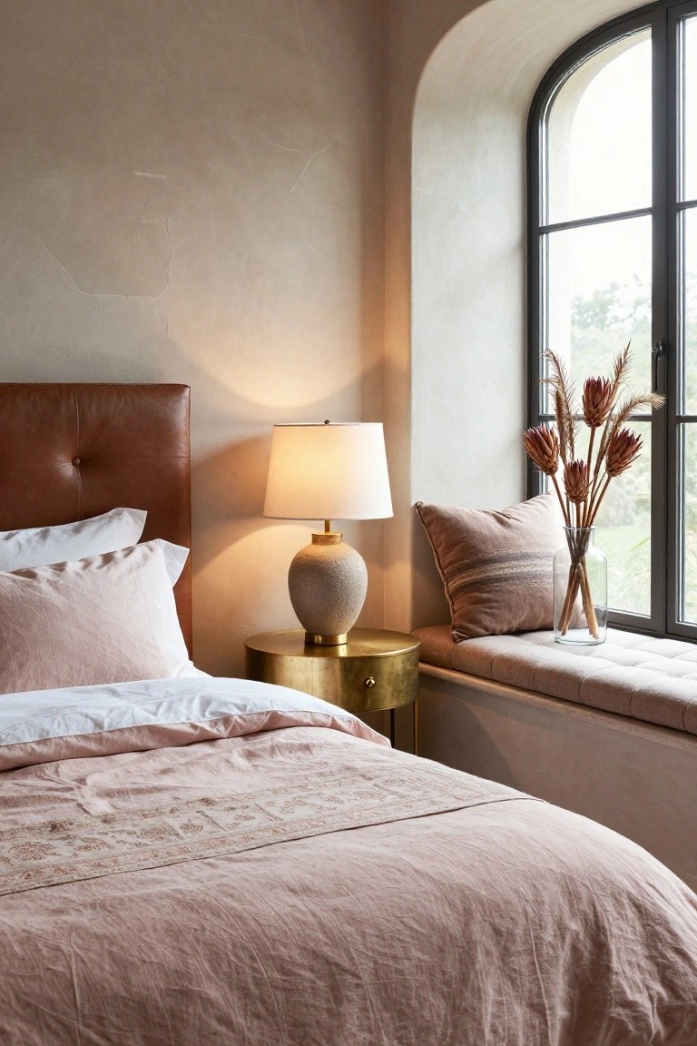Bedroom corner with tan leather tufted headboard bed draped in white and blush pink linens on a gold metal frame, brass side table holding a textured ceramic lamp, and arched black-framed window with cushioned bench seat, striped pillow, and clear glass vase of dried reddish flower stems.