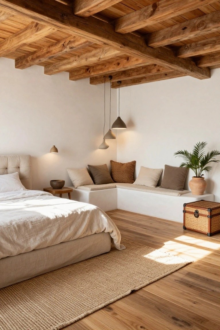 A bedroom with exposed dark wooden ceiling beams, white walls, a low beige upholstered bed with white linens, a built-in white window seat with assorted cushions and pillows, potted plants, pendant lights, wooden side table, and light wood floors.