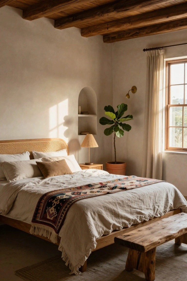 Bedroom with exposed wooden ceiling beams, smooth beige adobe walls, rattan headboard on wooden platform bed covered in white linens and colorful woven throw, wooden bench at foot of bed, potted fiddle leaf fig plant, arched niche shelf with lamp, and curtained window.