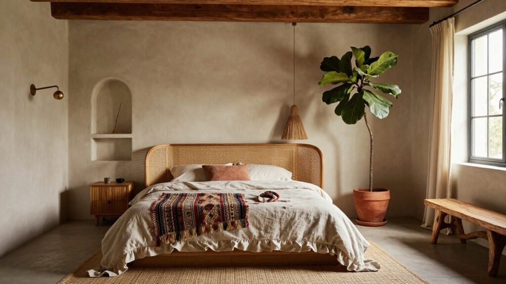 21 Elegant Master Boho Bedroom Ideas for a Calm Retreat Bedroom with exposed wooden ceiling beams, smooth beige adobe walls, rattan headboard on wooden platform bed covered in white linens and colorful woven throw, wooden bench at foot of bed, potted fiddle leaf fig plant, arched niche shelf with lamp, and curtained window.