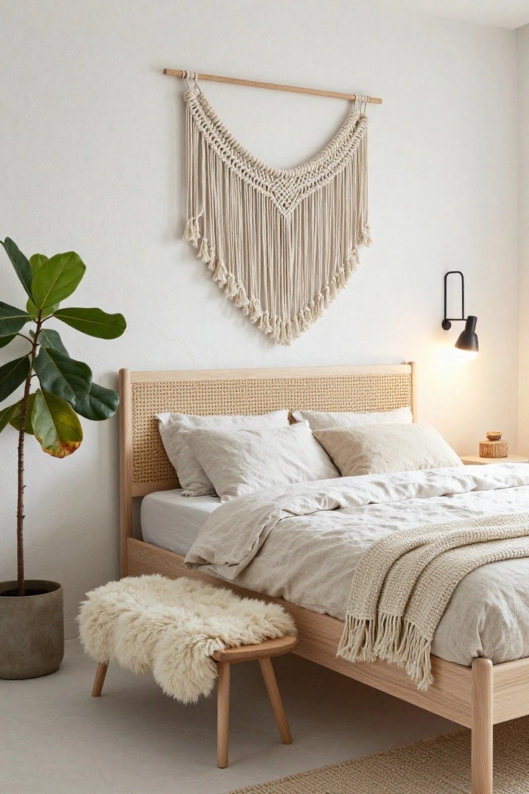 Bedroom interior featuring a large arched beige macrame wall hanging above a wooden bed with rattan headboard, white linen bedding, a potted ficus plant, lit black wall sconce, wooden bedside table, sheepskin-covered bench at bed foot, and light wood floor with seagrass rug.