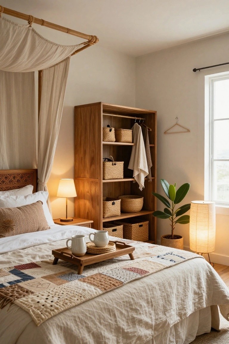 Bedroom with bamboo canopy bed draped in white fabric, wooden wardrobe featuring open shelves with rattan baskets and hanging linens, bedside table with lamp and tray of teacups, potted plant, and window.