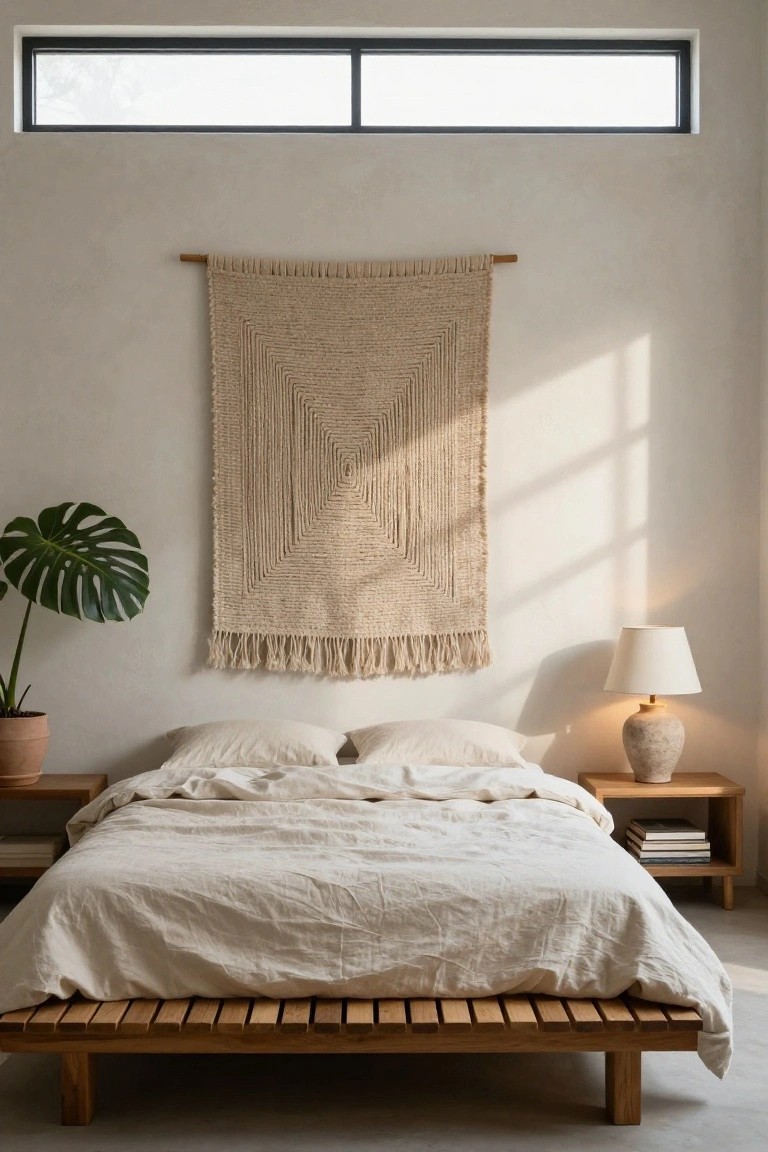 A minimalist bedroom with a large beige geometric macrame wall hanging above a low wooden platform bed draped in white linens, a monstera plant in a terracotta pot to the left, wooden nightstands with books and a ceramic lamp to the right, and sunlight streaming from a narrow clerestory window.
