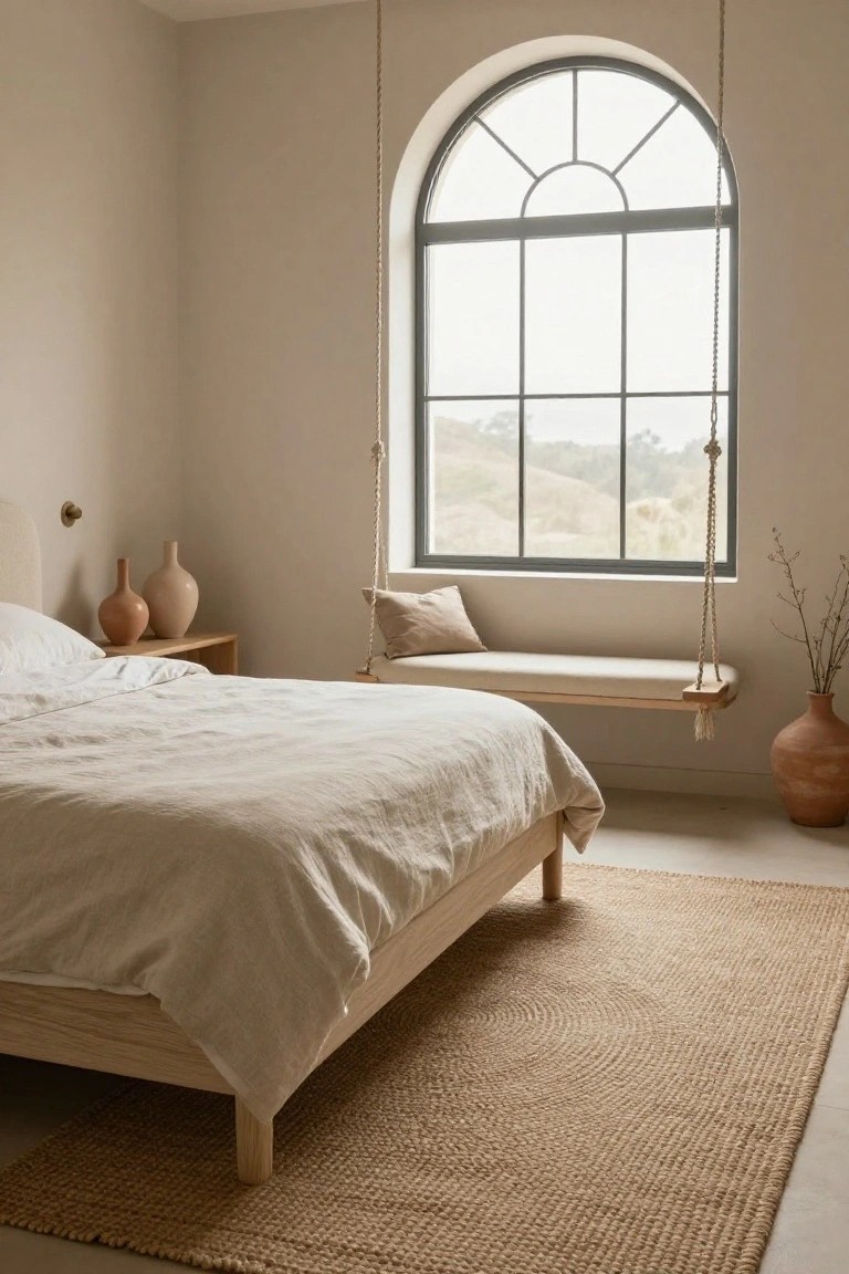 Light beige bedroom interior with low wooden bed draped in white linens, hanging rope swing seat with beige cushion by large arched black-framed window overlooking hills, wooden nightstand with two terracotta vases, branches in vase by swing, another terracotta pot on floor, and round seagrass rug.