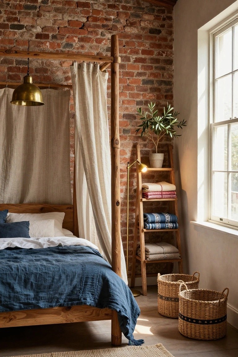 Bedroom with exposed red brick walls, wooden four-poster canopy bed draped in beige linen panels over navy bedding, ladder shelf holding folded blankets beside potted olive plant, two wicker baskets on wooden floor, brass pendant lamp overhead, and window with natural light.
