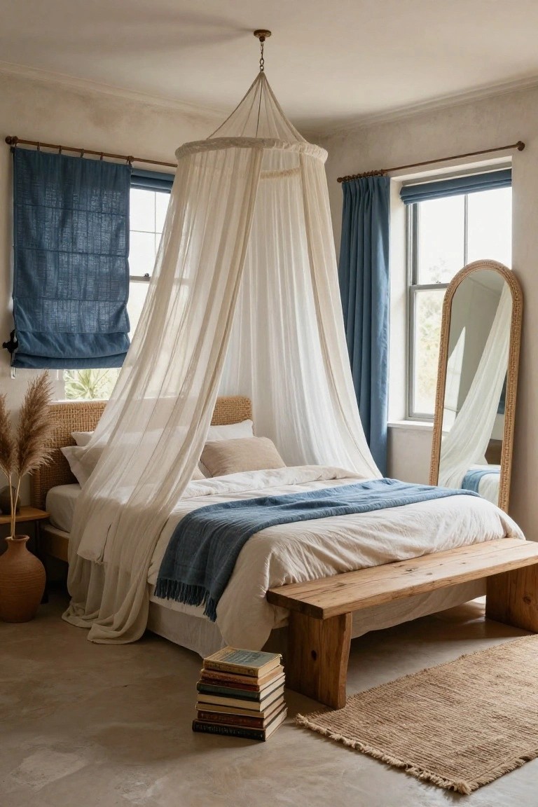 Boho bedroom with a rattan bed under a white sheer canopy hanging from the ceiling, blue curtains on windows, pampas grass in terracotta pots, arched rattan mirror, wooden bench with books, and seagrass rug on concrete floor.