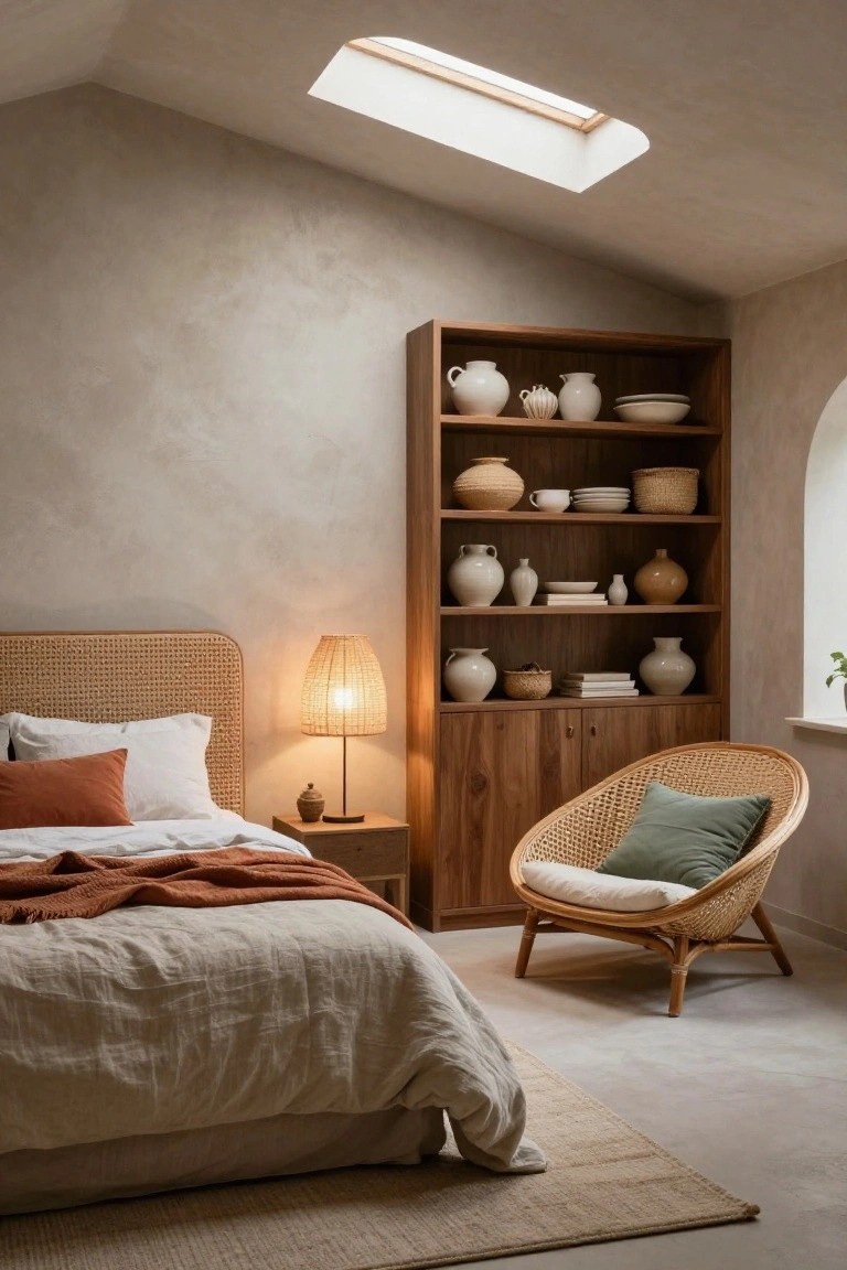 Bedroom interior featuring a rattan bed with white and terracotta linens, tall wooden shelving unit displaying white pottery vases and baskets, rattan armchair with green cushion, bedside lamp, and neutral textured walls with skylight above.