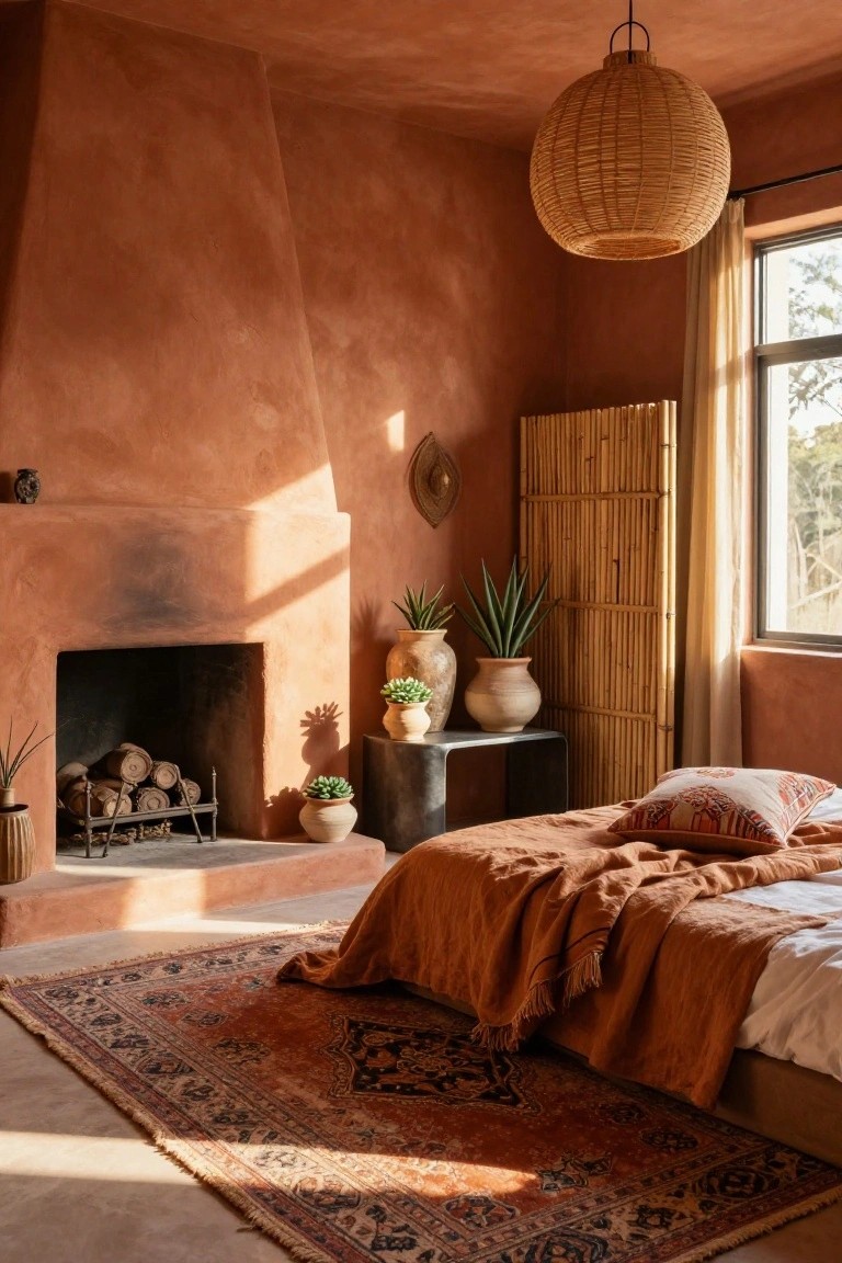 Bedroom interior with terracotta textured plaster walls, a wood-burning fireplace, low platform bed with terracotta bedding and patterned pillows, Persian rug, potted plants, bamboo room divider, and woven pendant light hanging from the ceiling.