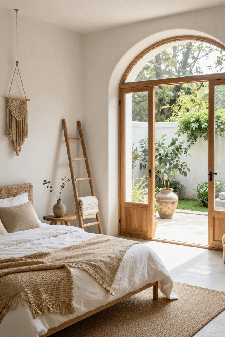 Light bedroom with rattan bed, beige bedding and throw, leaning wooden ladder holding folded white towels, macrame wall hanging, potted plants, and open arched wooden doors to garden patio.