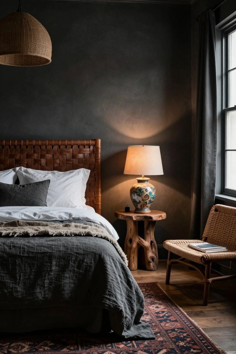 Bedroom corner with dark textured walls, rattan-woven headboard on white-sheeted bed with gray duvet and pillows, tree-stump side table holding lamp and vase, woven chair with book, pendant light overhead, and patterned rug on wood floor.