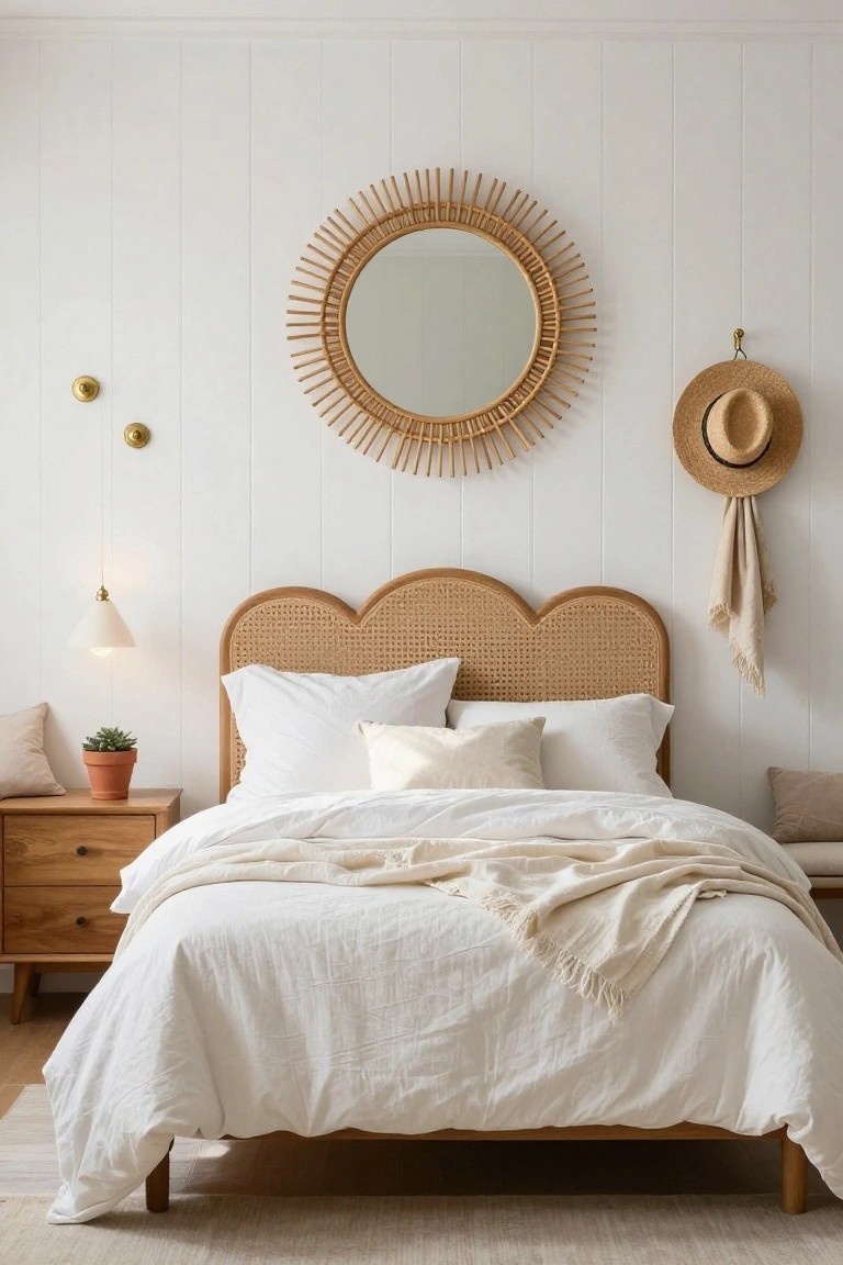 Bedroom with white shiplap walls, curved woven rattan headboard on bed dressed in white linens and throw, wooden nightstand holding succulent plant, rattan sunburst mirror, wall sconce, and hanging straw hat with scarf.