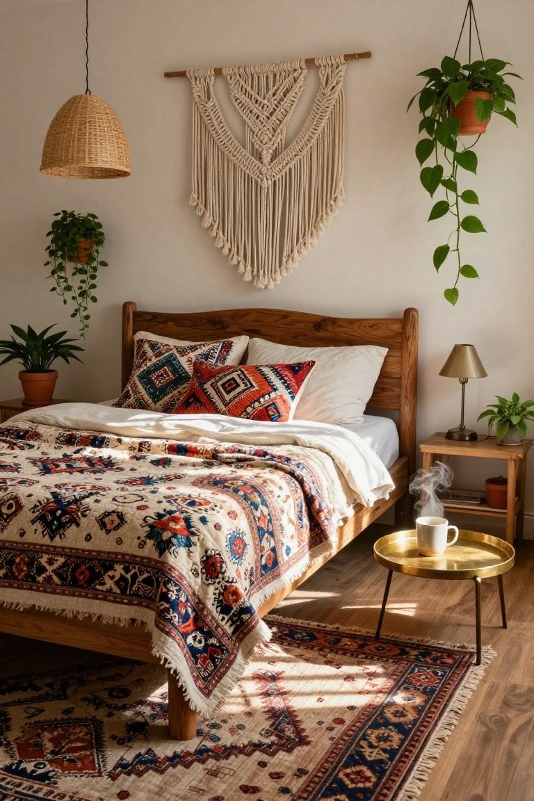 Bedroom with wooden bed frame draped in a multicolored patterned quilt over white sheets, layered pillows, bedside table with lamp and tea cup, plants, macrame wall hanging, rattan pendant light, and woven rug on wood floor.