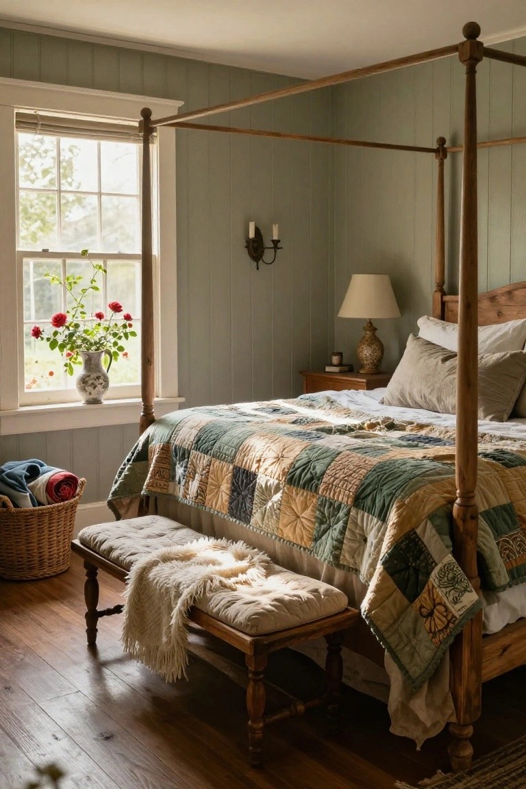 Sage green paneled bedroom with wooden four-poster bed covered in green patchwork quilt, window with red roses in white vase, bedside table with lamp, and bench draped with white sheepskin throw.