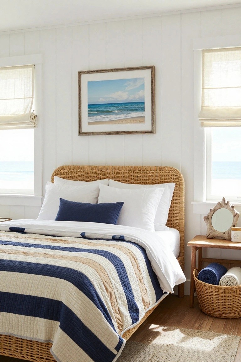 A bedroom with white shiplap walls and large windows overlooking the ocean, featuring a rattan bed frame topped with navy and cream striped quilted bedding, white and navy pillows, a wooden side table with driftwood mirror and basket of towels.