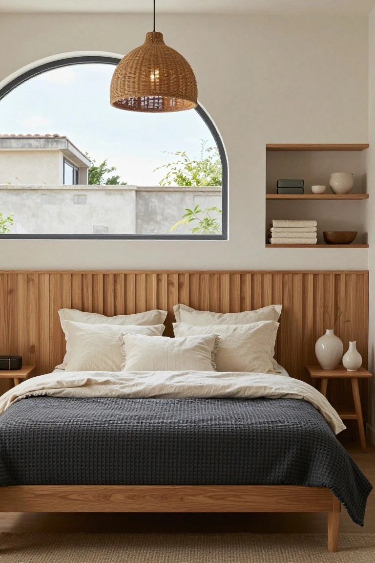 A bedroom with a low wooden bed frame covered in a dark gray textured quilt over white linens and pillows, wooden nightstands with vases, rattan pendant light, arched window with view outside, and light wood paneled walls.