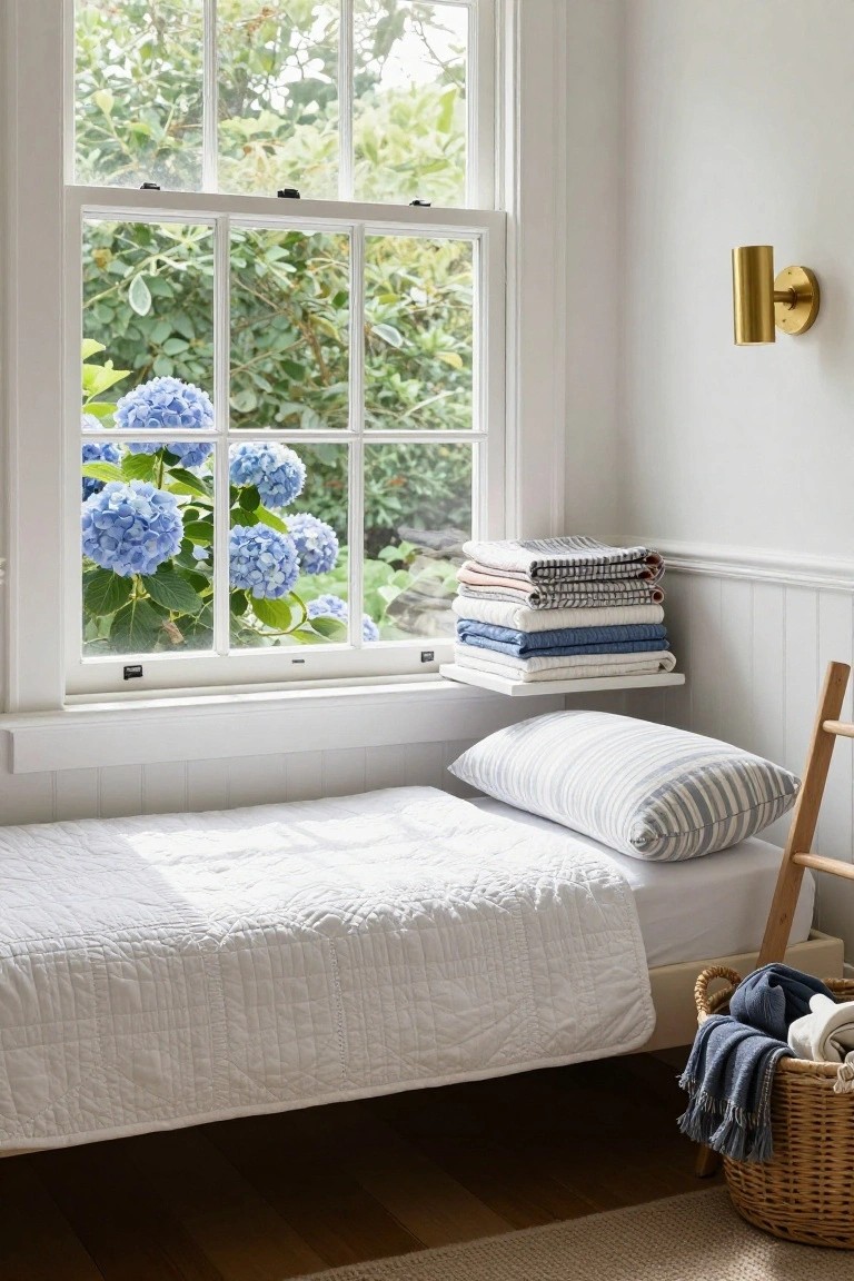 White quilted daybed under a window with blue hydrangeas outside, stacked linens on a wall shelf, striped pillow, wooden ladder, gold wall light, and basket of blankets on wooden floor.