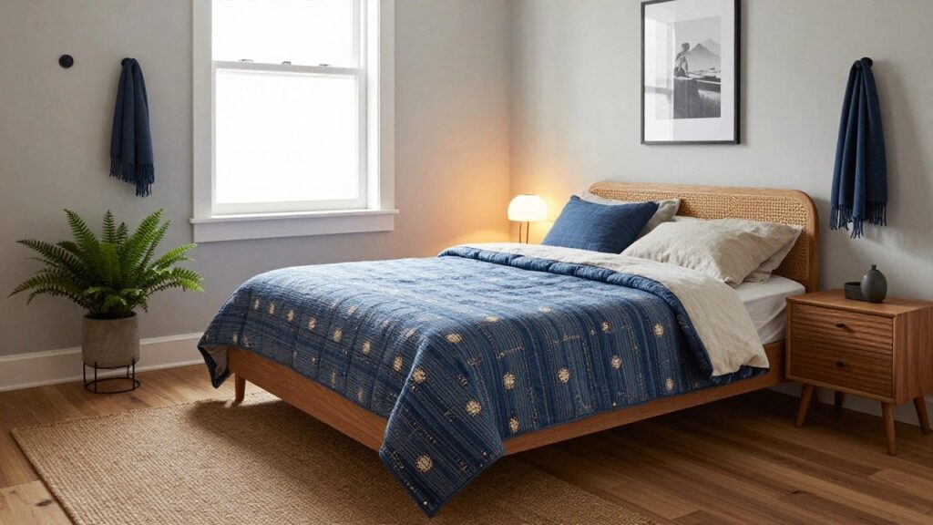 21 Elevated Bedding Ideas With Quilts That Look Effortlessly Cozy Corner bedroom with light gray walls, double-pane windows letting in sunlight, rattan bed frame with blue patterned quilt and white sheets, wooden side table with lamp and fern plant, beige towel hung on wall hooks, and seagrass rug on hardwood floor.