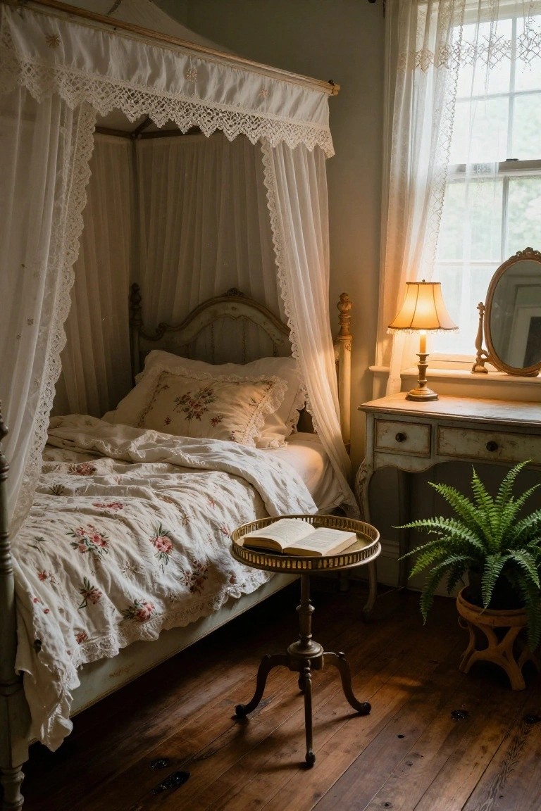 Vintage canopy bed with white lace drapes and pink floral quilt in a softly lit bedroom with dresser, lamp, mirror, fern plant, and wooden floors.