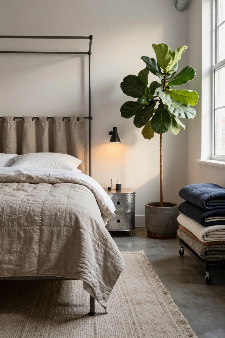 Bedroom interior with iron canopy bed frame holding white pillows, beige quilted coverlet over white duvet, metal nightstand with lamp, large fiddle leaf fig plant in gray pot, and stacks of folded quilts and blankets on rolling metal rack next to concrete floor and window.