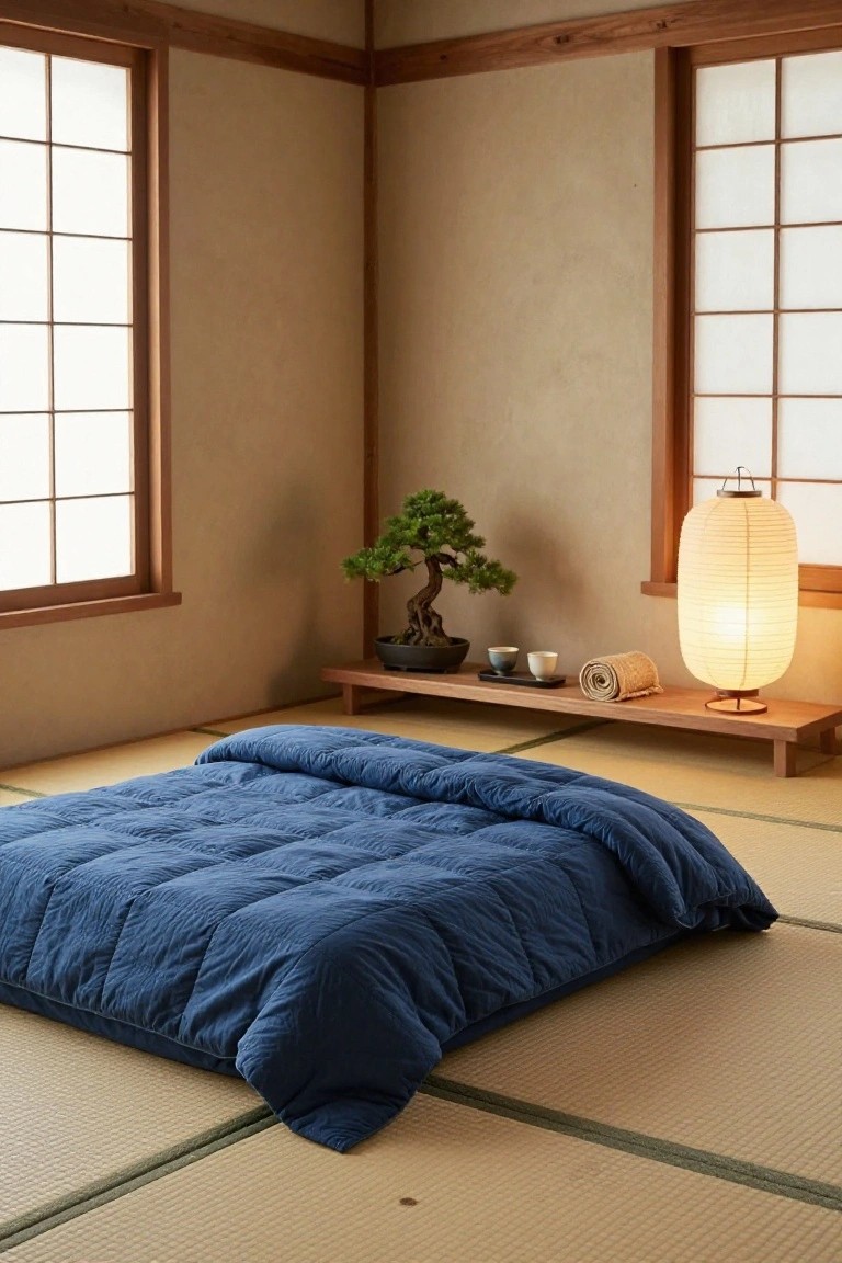 Corner view of a Japanese-style bedroom with tatami floor mats, low navy blue quilted duvet folded on a futon, wooden shelf holding bonsai tree and paper lantern, shoji screen windows, and neutral clay-colored walls with wooden trim.