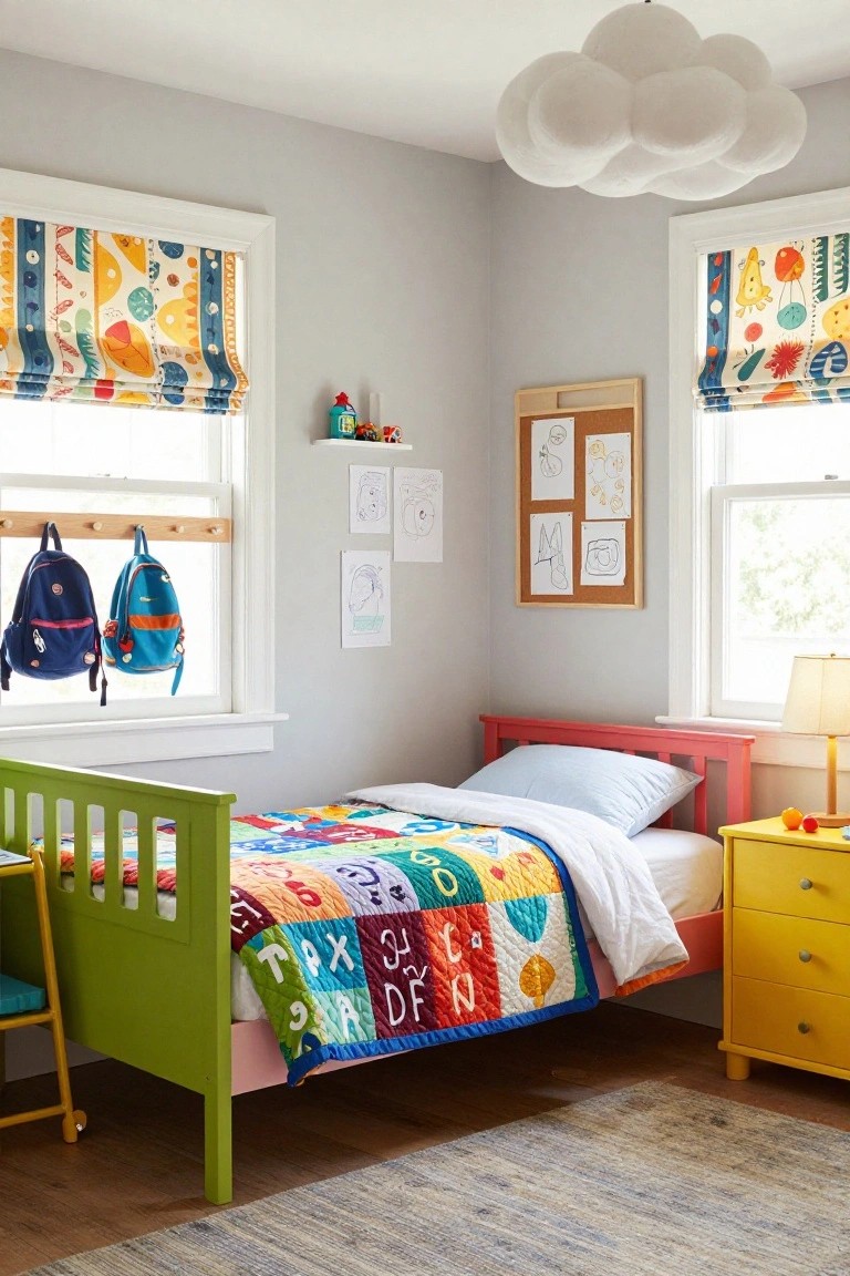 Child's bedroom with low green bed frame topped by multicolored alphabet patchwork quilt, yellow dresser, small desk, backpacks on window pegs, and artwork on corkboard.