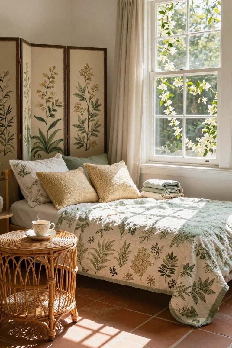 Bedroom corner featuring a low bed with light green quilt patterned in leaves and stems, stacked neutral pillows, rattan side table with teacup and saucer, folding screen painted with plants, sheer curtains on window with green vines outside, on terracotta tile floor.