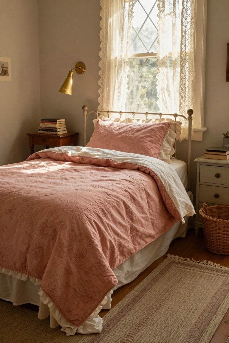 A sunlit corner bedroom with a twin iron bed covered in a pink embroidered quilt and white sheets, flanked by wooden nightstands with books, a lace-curtained window, wall sconce, and wicker basket on beige carpet.