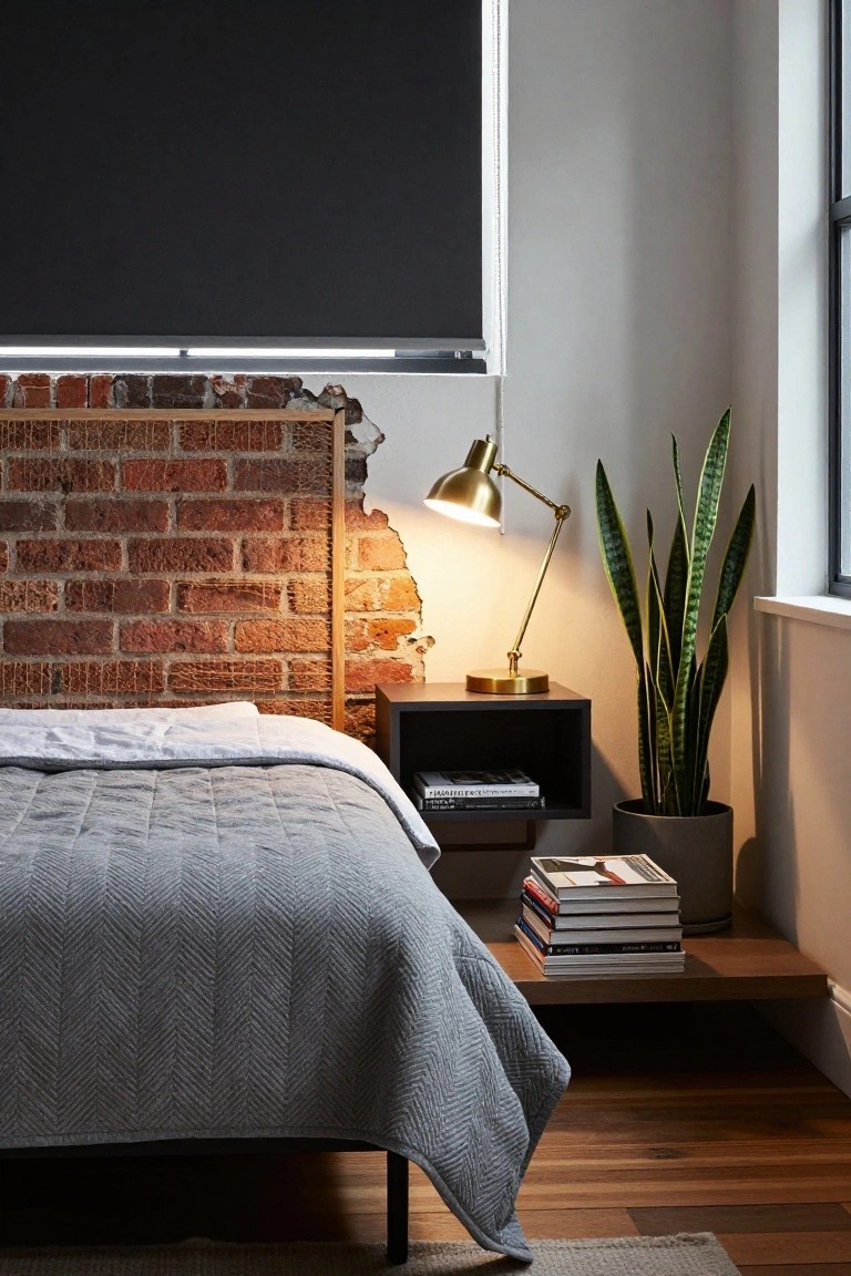 Bedroom with a low bed draped in gray herringbone quilt against exposed brick wall, black metal bed frame, wood nightstand holding stacked books and gold adjustable lamp, potted snake plant, hardwood floor, and window with blackout blind.