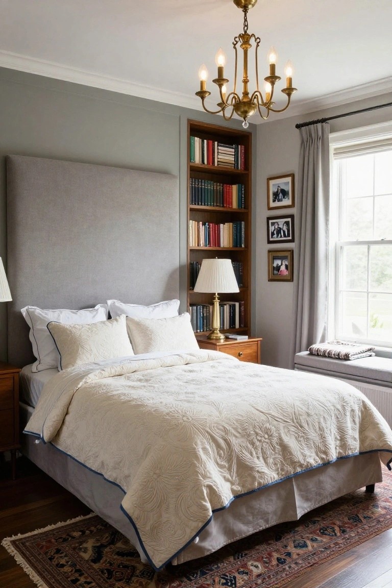 Bedroom with a bed covered in white quilted bedding edged in blue, gray tufted headboard, built-in wooden bookshelves filled with books, wooden nightstand with lamp, window with gray curtains and window seat, brass chandelier overhead, and patterned rug on wood floor.