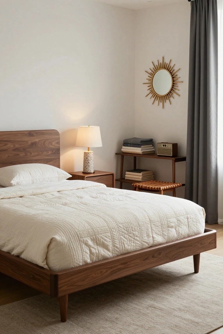 Bedroom corner with low walnut platform bed covered in white quilted bedding, matching wood nightstand and lamp, open shelf unit with books and folded blankets, woven stool, and gray curtained window.