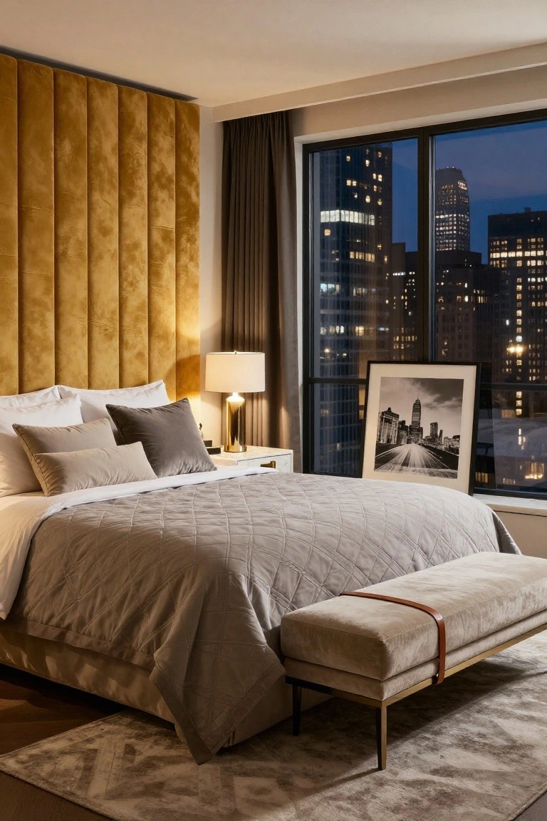 Bedroom featuring a mustard yellow tufted velvet headboard, king bed with white sheets, gray diamond-quilted coverlet, assorted pillows, gold bedside lamp and table, black-and-white city photo frame, cream bench with leather strap at bed foot, and large window with dark city skyline view.