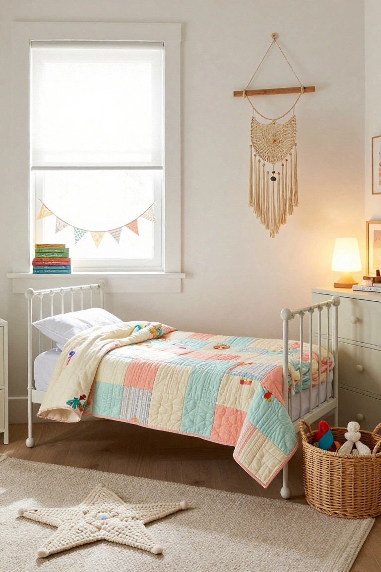 Child's bedroom featuring a white metal twin bed with a colorful patchwork quilt in pastel tones, macrame wall hanging near the window, books on the windowsill, a dresser, lamp, and woven star rug on the floor.