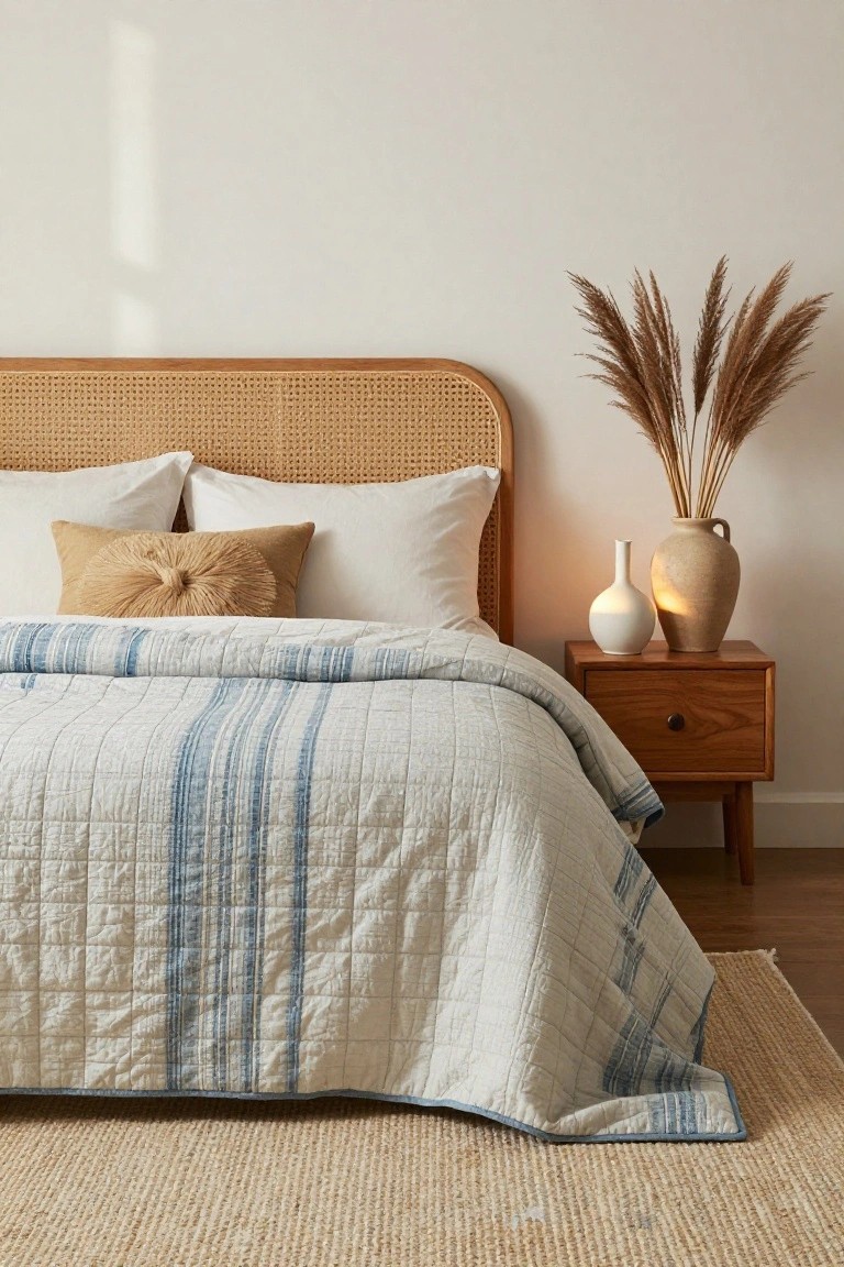 Bedroom with rattan headboard bed draped in white quilt with blue stripes and grid quilting, tan bolster pillow, white pillows, wooden nightstand with white lamp and beige vase, tall pampas grass in vase against white wall, seagrass rug on floor.