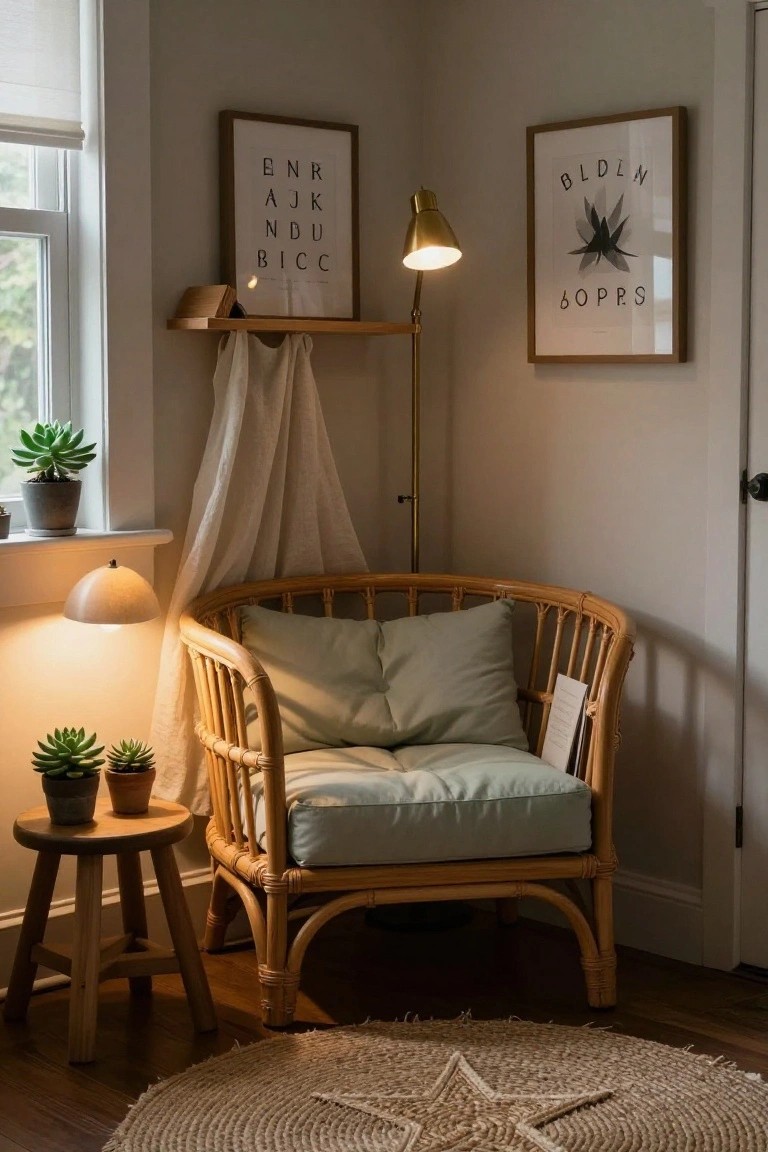 Indoor room corner featuring a curved rattan armchair with pale green cushions, wooden side stool holding two potted succulents, small hanging lamp, taller floor lamp, sheer draped curtain, framed posters on wall, and potted plant by window.