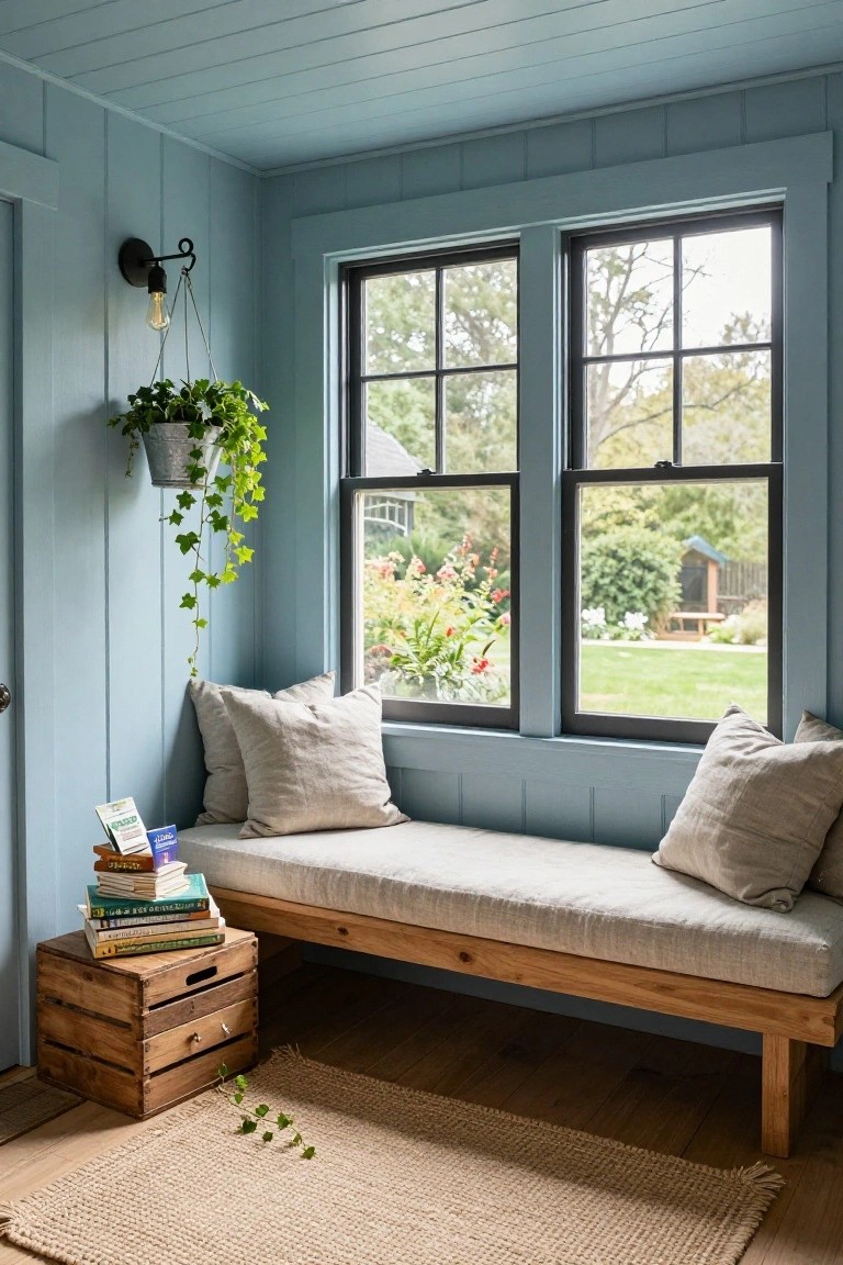 Light blue paneled room with wooden bench under black-framed windows overlooking a garden, linen pillows on the bench, stack of books and wooden crate beside it, hanging ivy plant from wall sconce.